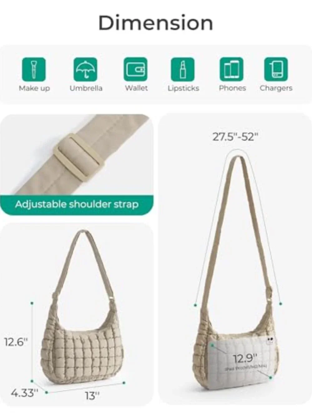Quilted Crossbody Bag for Women Travel Hobo Shoulder Purse Fits iPad